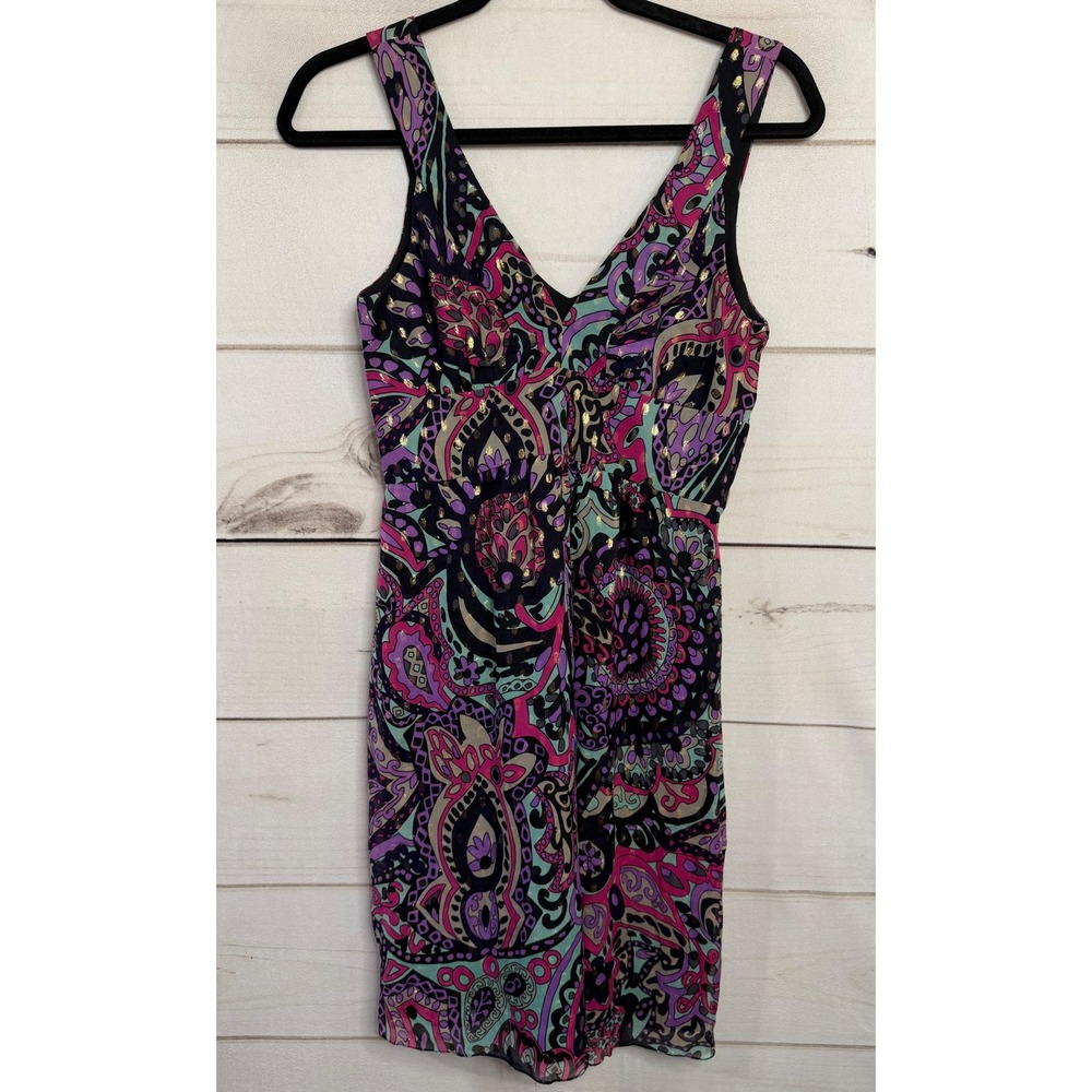 Tibi New York Silk Lurex Paisley Mini Dress Purple Pink Gold Metallic Womens 0